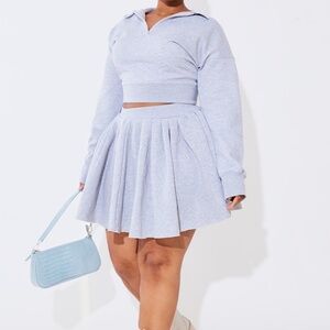 Marl Pleated 2 Piece Short Skater Skirt Set-Gray-24